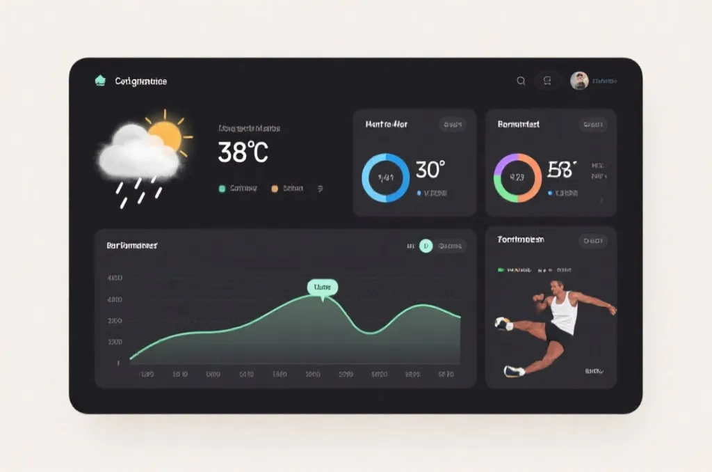 A clean digital dashboard interface showing weather conditions, temperature, and athletic performance charts