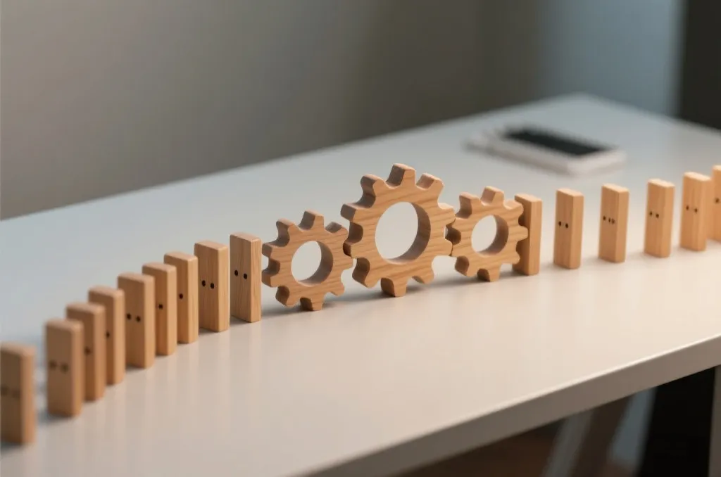 Conceptual illustration of interlocking wooden gears aligned on a clean desk, representing risk management and interconnected systems